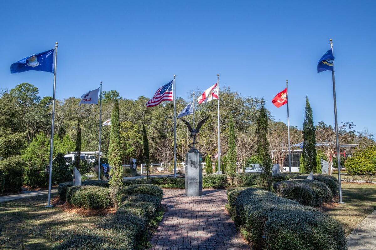 Statue and Flags at Freeport Veterans Memorial at Casey Park
